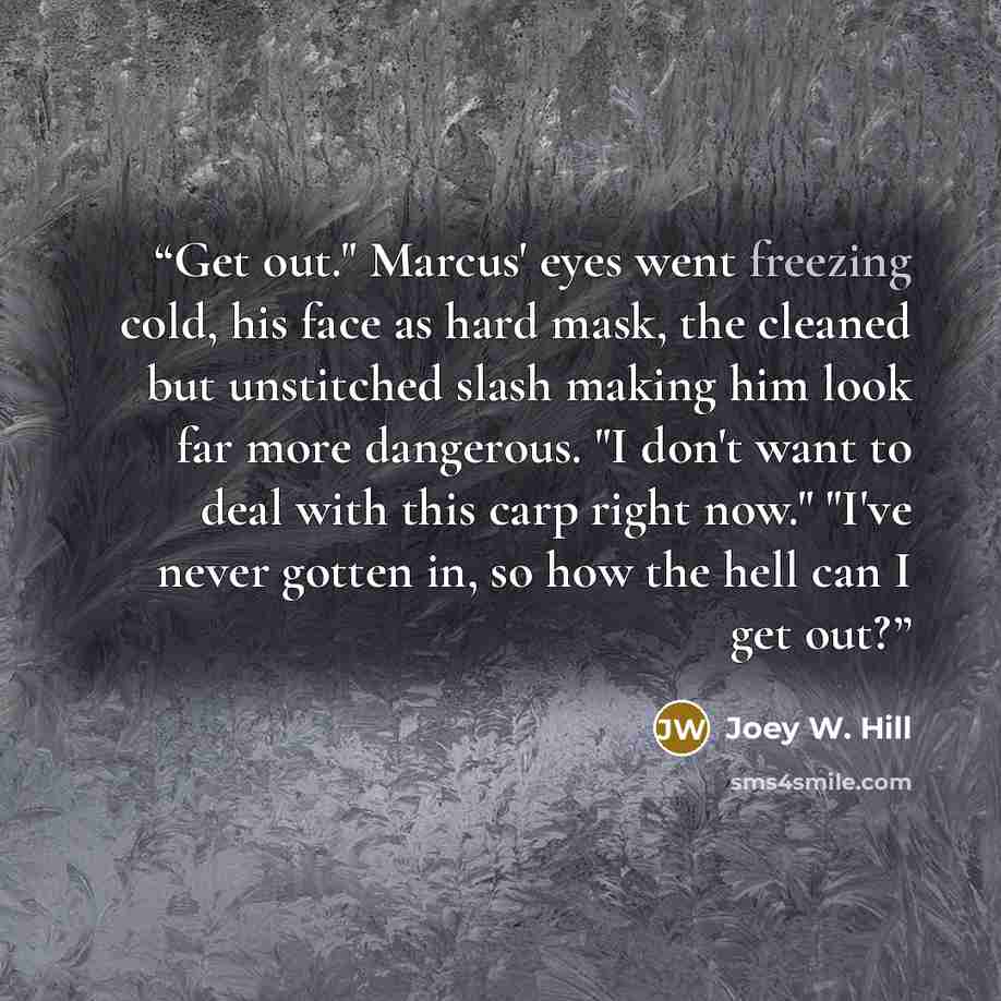 “Get out." Marcus' eyes went freezing cold, his face as hard mask, the cleaned but unstitched slash making him look far more dangerous. "I don't want to deal with this carp right now." "I've never gotten in, so how the hell can I get out?” quote by Joey W. Hill