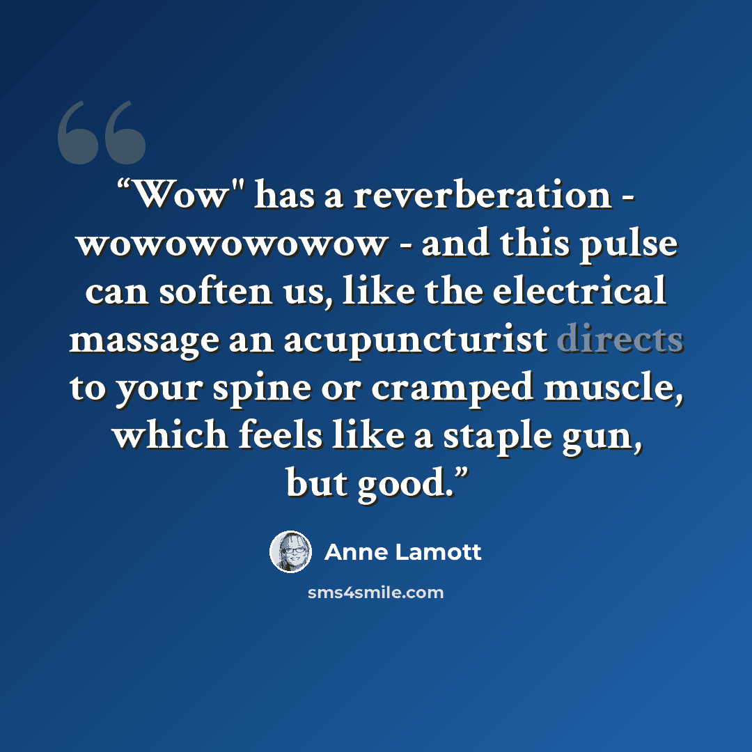 “Wow" has a reverberation - wowowowowow - and this pulse can soften us, like the electrical massage an acupuncturist directs to your spine or cramped muscle, which feels like a staple gun, but good.” quote by Anne Lamott