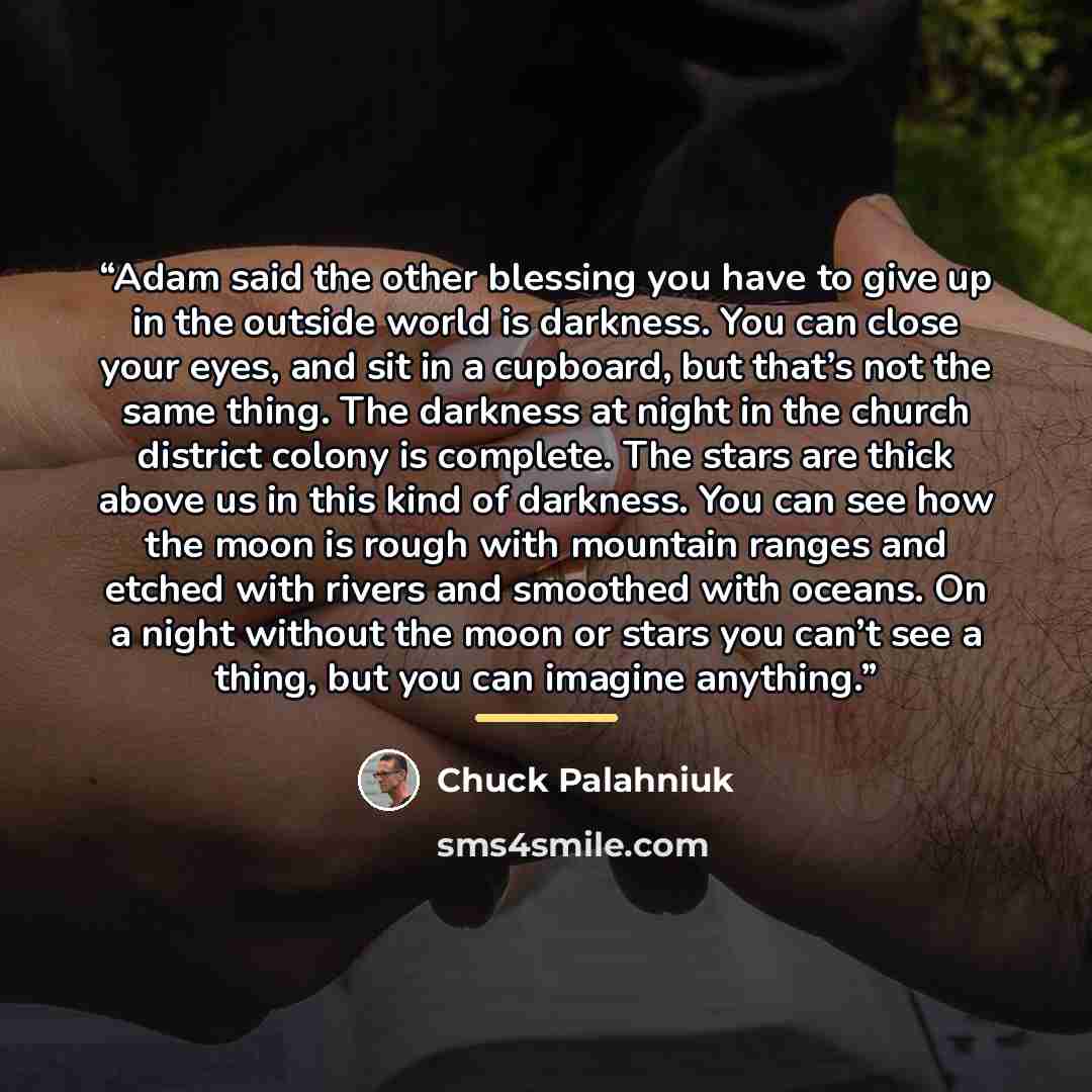 “Adam said the other blessing you have to give up in the outside world is darkness. You can close your eyes, and sit in a cupboard, but that’s not the same thing. The darkness at night in the church district colony is complete. The stars are thick above us in this kind of darkness. You can see how…” quote by Chuck Palahniuk