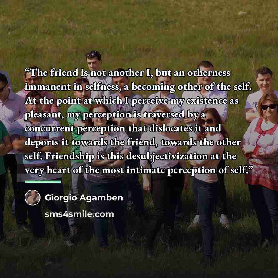 “The friend is not another I, but an otherness immanent in selfness, a becoming other of the self. At the point at which I perceive my existence as pleasant, my perception is traversed by a concurrent perception that dislocates it and deports it towards the friend, towards the other self…” quote by Giorgio Agamben