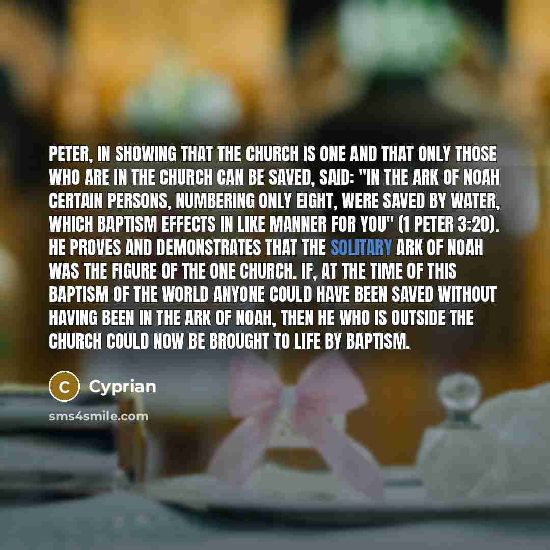 “Peter, in showing that the Church is one and that only those who are in the Church can be saved, said: "In the Ark of Noah certain persons, numbering only eight, were saved by water, which Baptism effects in like manner for you" (1 Peter 3:20). He proves and demonstrates that the solitary Ark of…” quote by Cyprian