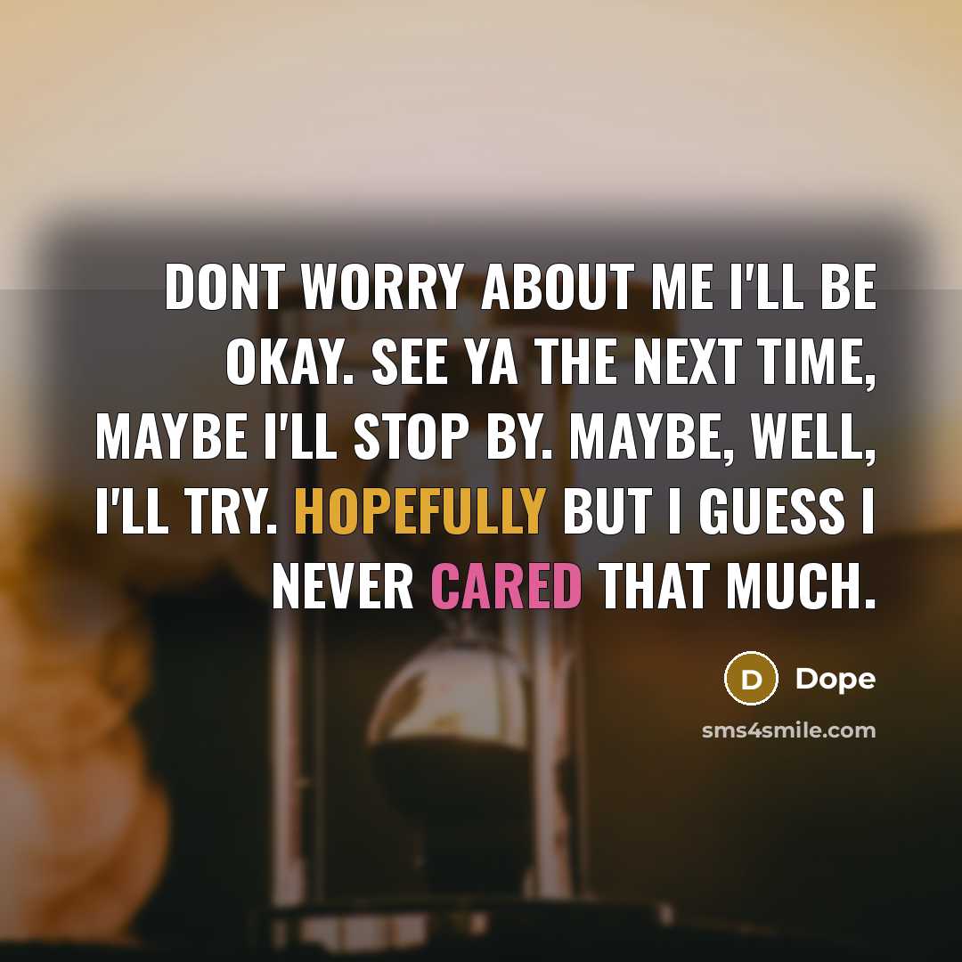“Dont worry about me I'll be okay. See ya the next time, maybe I'll stop by. Maybe, Well, I'll try. Hopefully but I guess I never cared that much.” quote by Dope