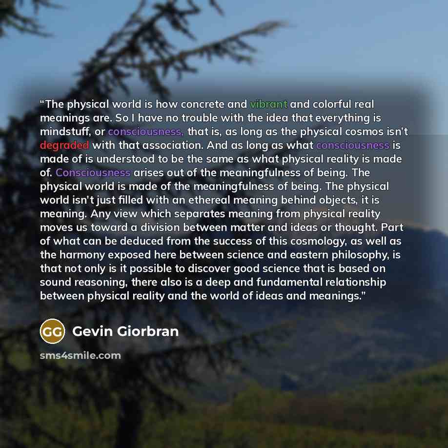 “The physical world is how concrete and vibrant and colorful real meanings are. So I have no trouble with the idea that everything is mindstuff, or consciousness, that is, as long as the physical cosmos isn’t degraded with that association. And as long as what consciousness is made of is understood…” quote by Gevin Giorbran