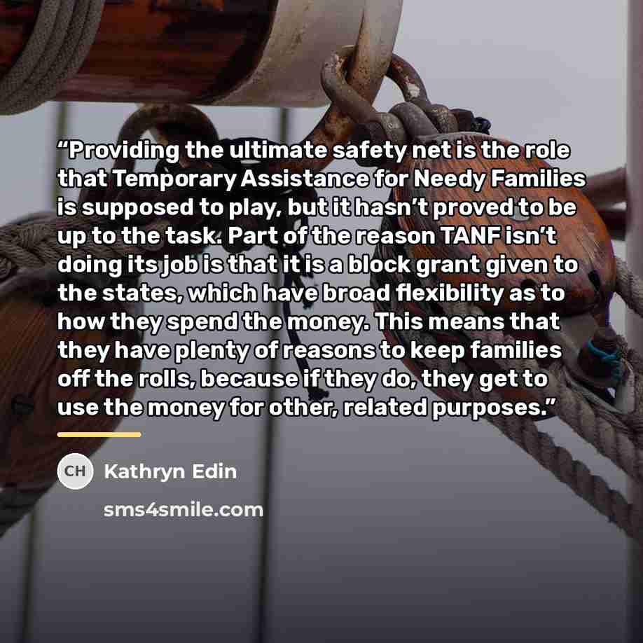 “Providing the ultimate safety net is the role that Temporary Assistance for Needy Families is supposed to play, but it hasn’t proved to be up to the task. Part of the reason TANF isn’t doing its job is that it is a block grant given to the states, which have broad flexibility as to how they spend…” quote by Kathryn Edin