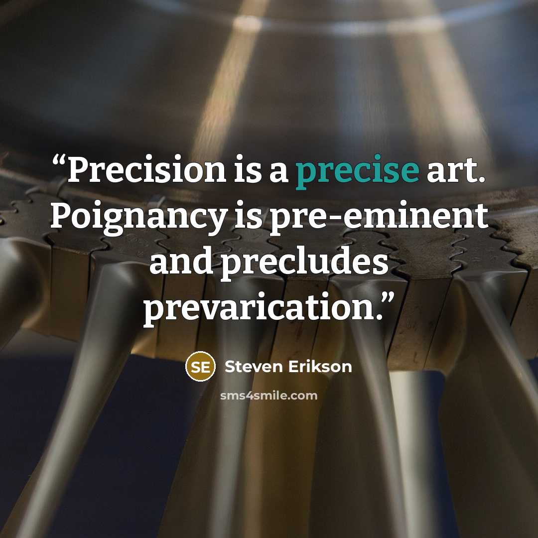 “Precision is a precise art. Poignancy is pre-eminent and precludes prevarication.” quote by Steven Erikson