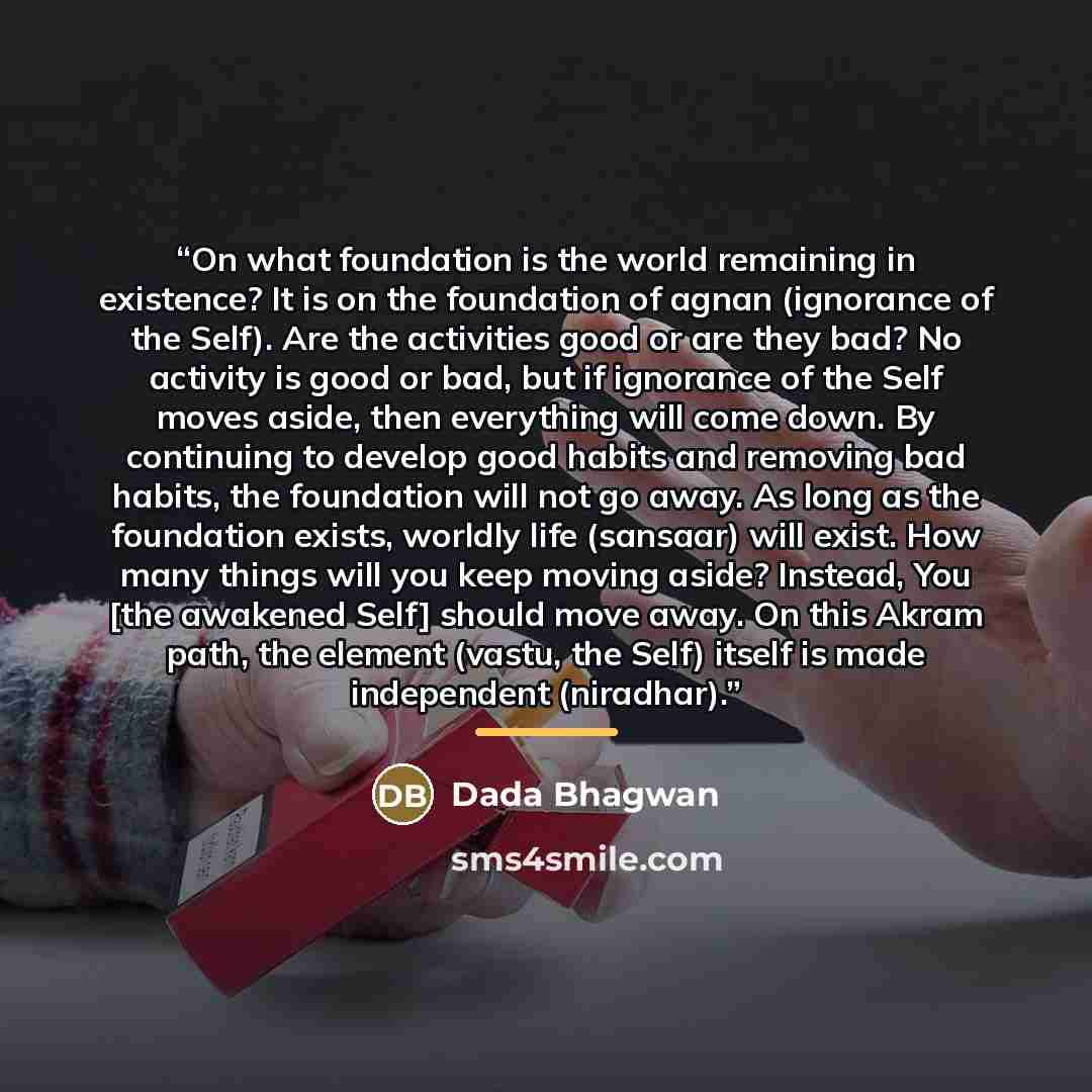 “On what foundation is the world remaining in existence? It is on the foundation of agnan (ignorance of the Self). Are the activities good or are they bad? No activity is good or bad, but if ignorance of the Self moves aside, then everything will come down. By continuing to develop good habits and…” quote by Dada Bhagwan