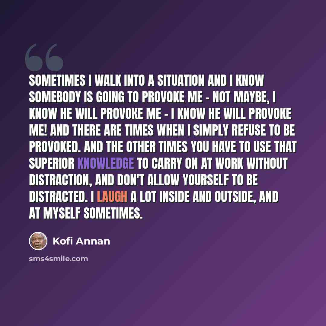 “Sometimes I walk into a situation and I know somebody is going to provoke me - not maybe, I know he will provoke me - I know he will provoke me! And there are times when I simply refuse to be provoked. And the other times you have to use that superior knowledge to carry on at work without…” quote by Kofi Annan