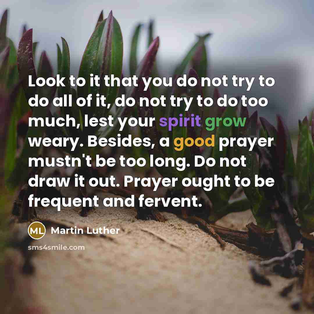 “Look to it that you do not try to do all of it, do not try to do too much, lest your spirit grow weary. Besides, a good prayer mustn't be too long. Do not draw it out. Prayer ought to be frequent and fervent.” quote by Martin Luther