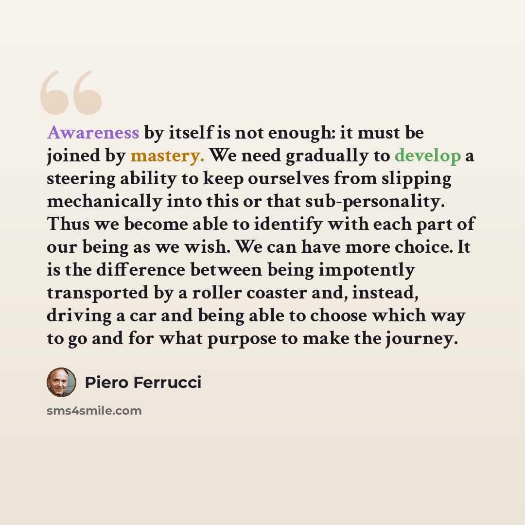 “Awareness by itself is not enough: it must be joined by mastery. We need gradually to develop a steering ability to keep ourselves from slipping mechanically into this or that sub-personality. Thus we become able to identify with each part of our being as we wish. We can have more choice. It is…” quote by Piero Ferrucci