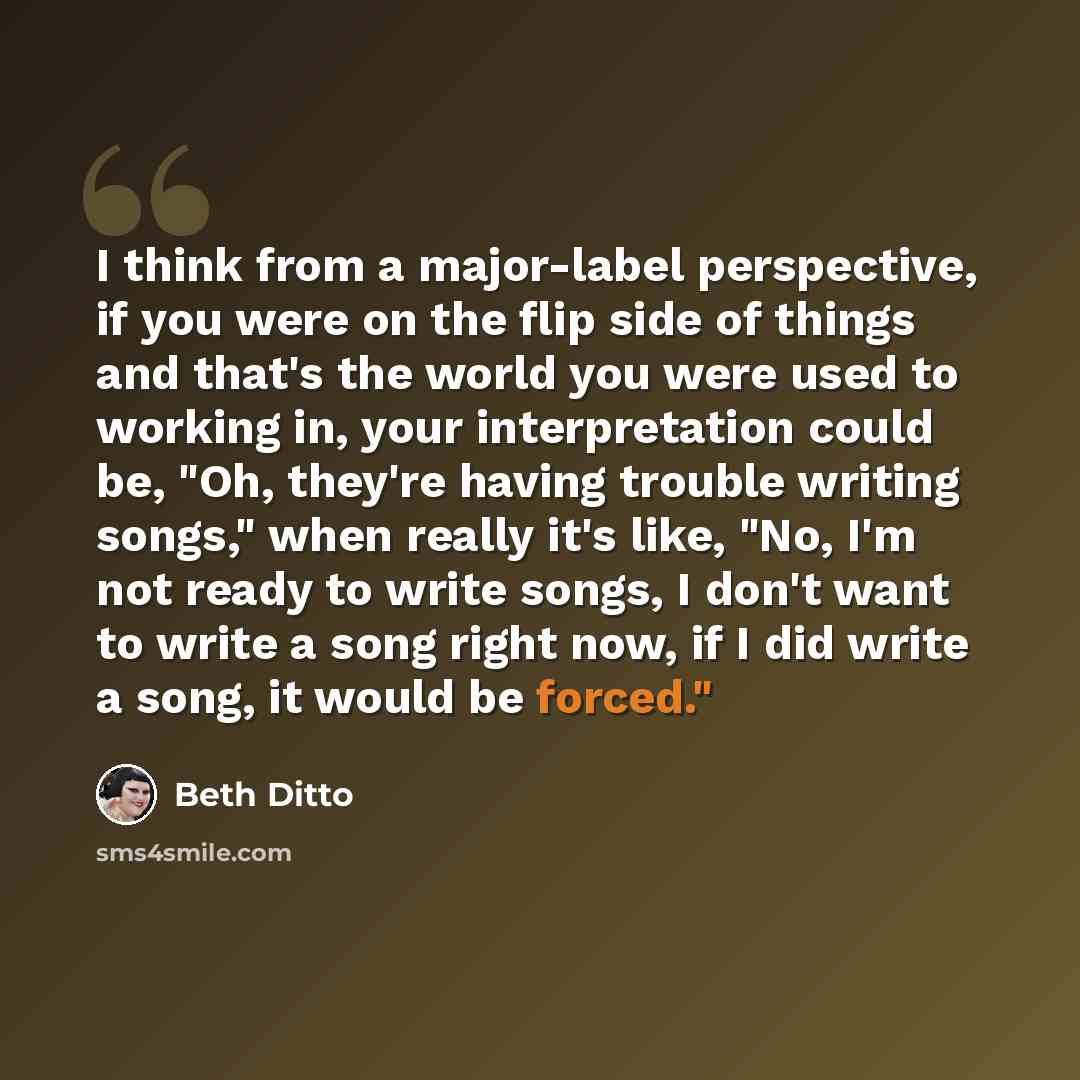 “I think from a major-label perspective, if you were on the flip side of things and that's the world you were used to working in, your interpretation could be, "Oh, they're having trouble writing songs," when really it's like, "No, I'm not ready to write songs, I don't want to write a song right…” quote by Beth Ditto