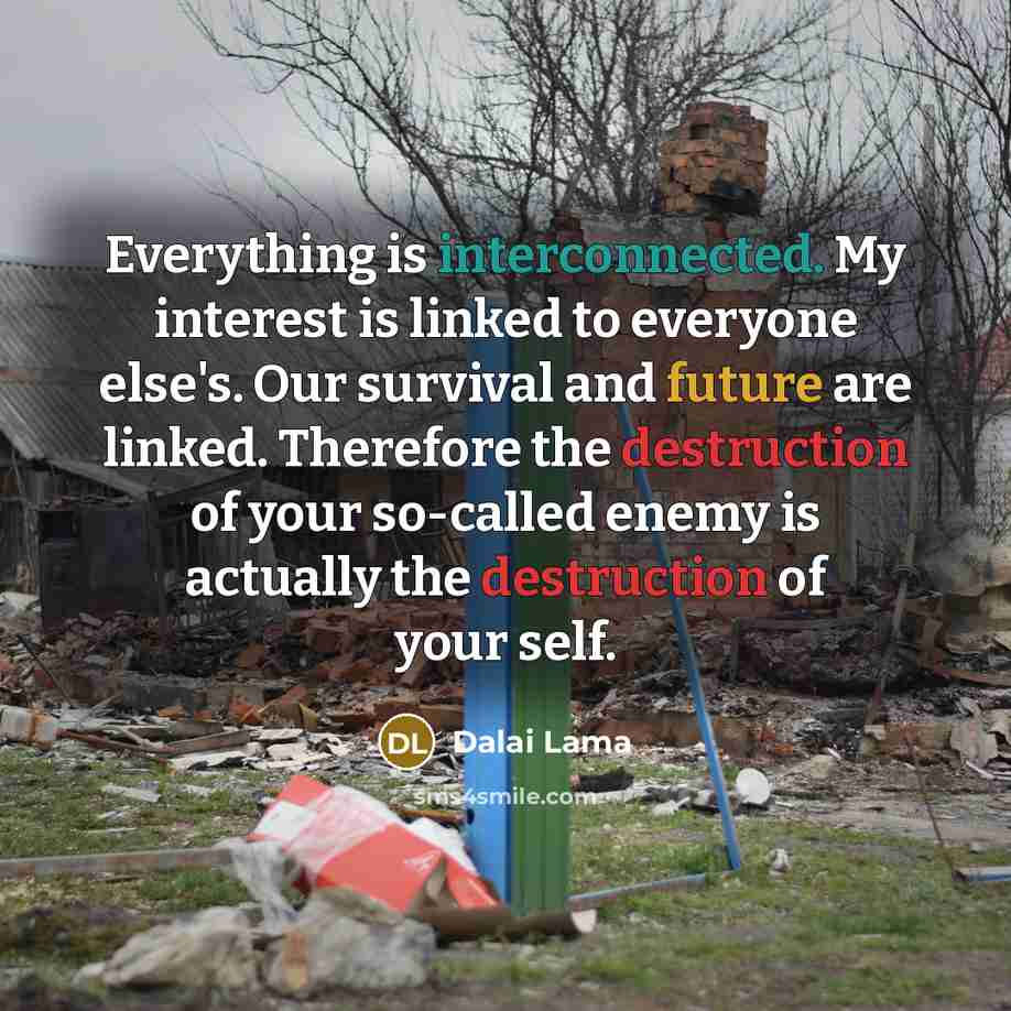 “Everything is interconnected. My interest is linked to everyone else's. Our survival and future are linked. Therefore the destruction of your so-called enemy is actually the destruction of your self.” quote by Dalai Lama