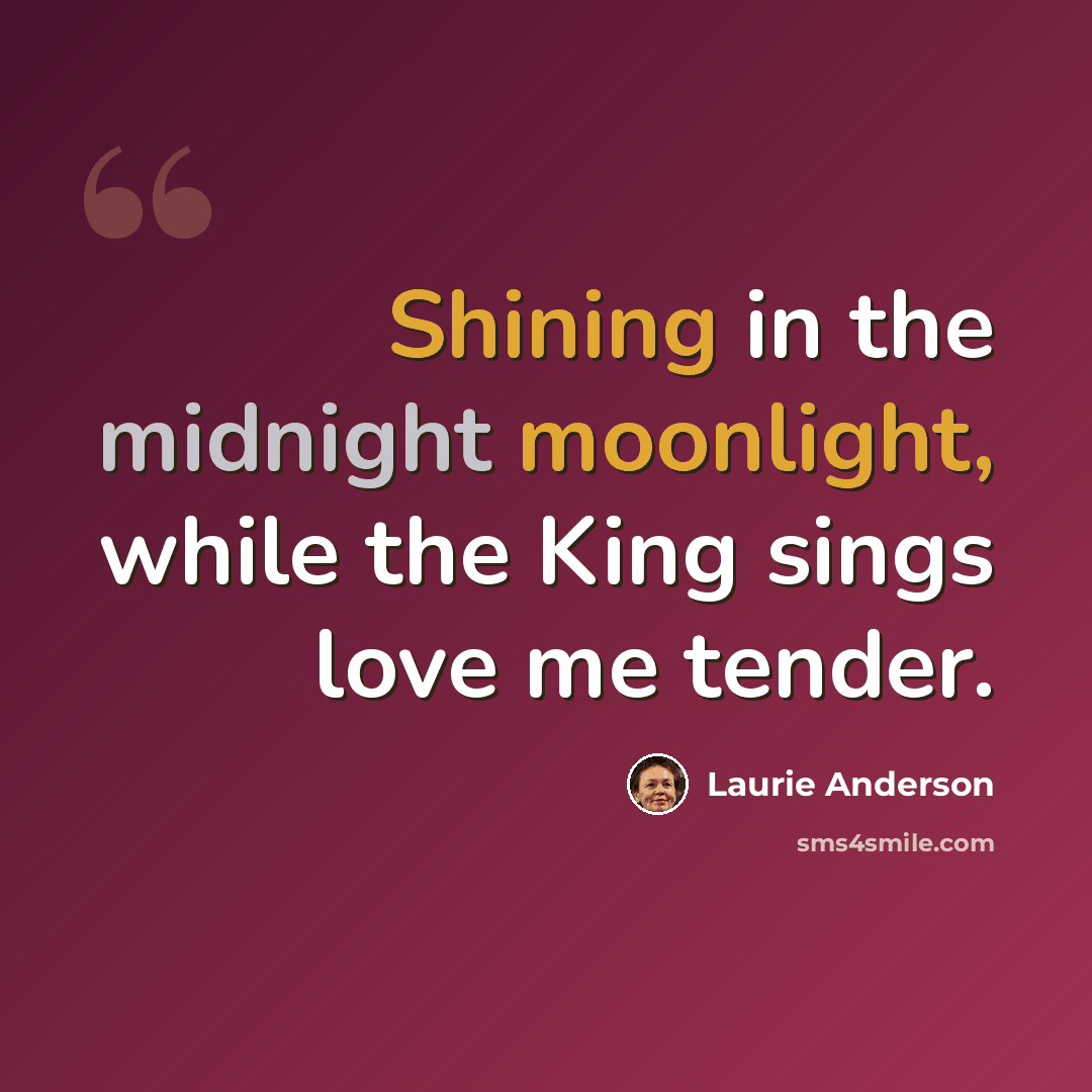 “Shining in the midnight moonlight, while the King sings love me tender.” quote by Laurie Anderson
