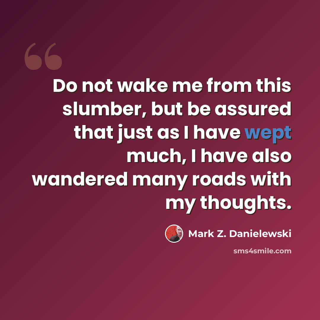 “Do not wake me from this slumber, but be assured that just as I have wept much, I have also wandered many roads with my thoughts.” quote by Mark Z. Danielewski