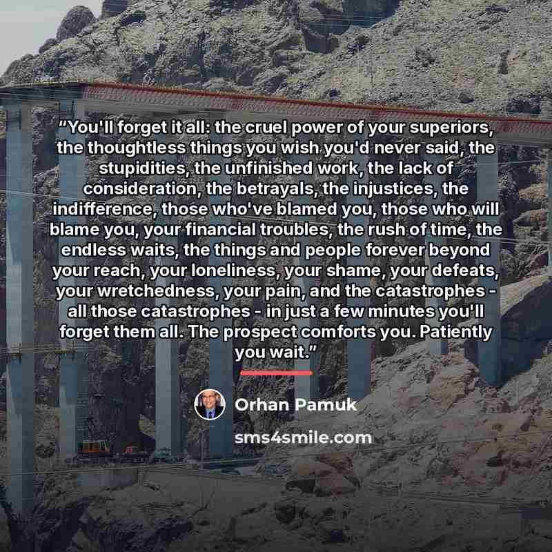 “You'll forget it all: the cruel power of your superiors, the thoughtless things you wish you'd never said, the stupidities, the unfinished work, the lack of consideration, the betrayals, the injustices, the indifference, those who've blamed you, those who will blame you, your financial troubles…” quote by Orhan Pamuk