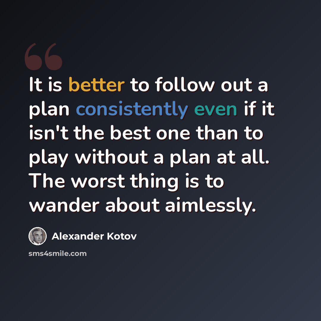 “It is better to follow out a plan consistently even if it isn't the best one than to play without a plan at all. The worst thing is to wander about aimlessly.” quote by Alexander Kotov