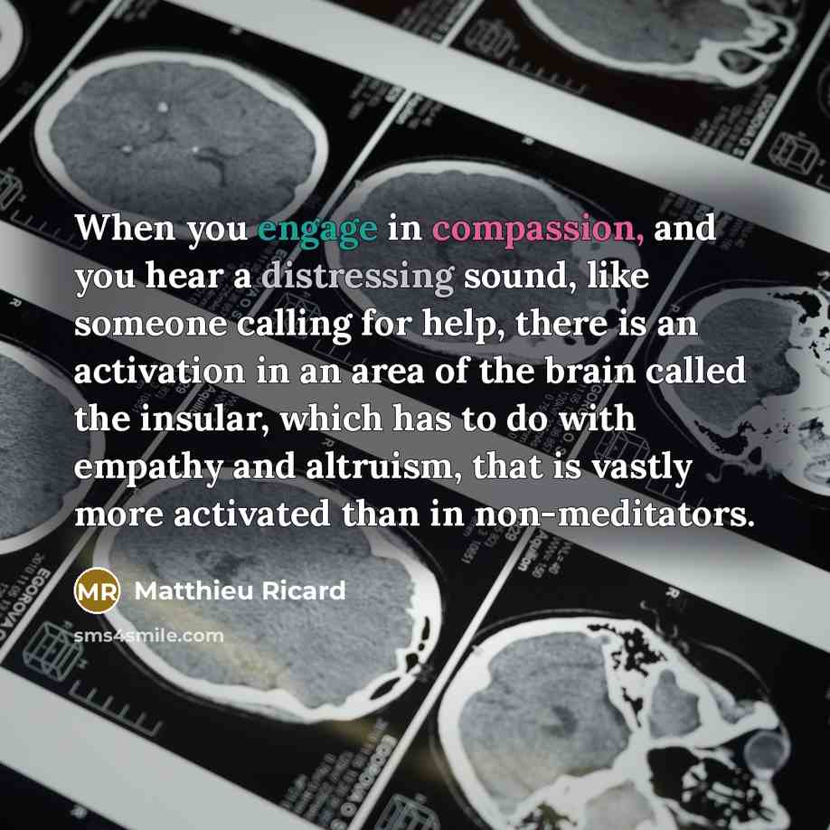 “When you engage in compassion, and you hear a distressing sound, like someone calling for help, there is an activation in an area of the brain called the insular, which has to do with empathy and altruism, that is vastly more activated than in non-meditators.” quote by Matthieu Ricard