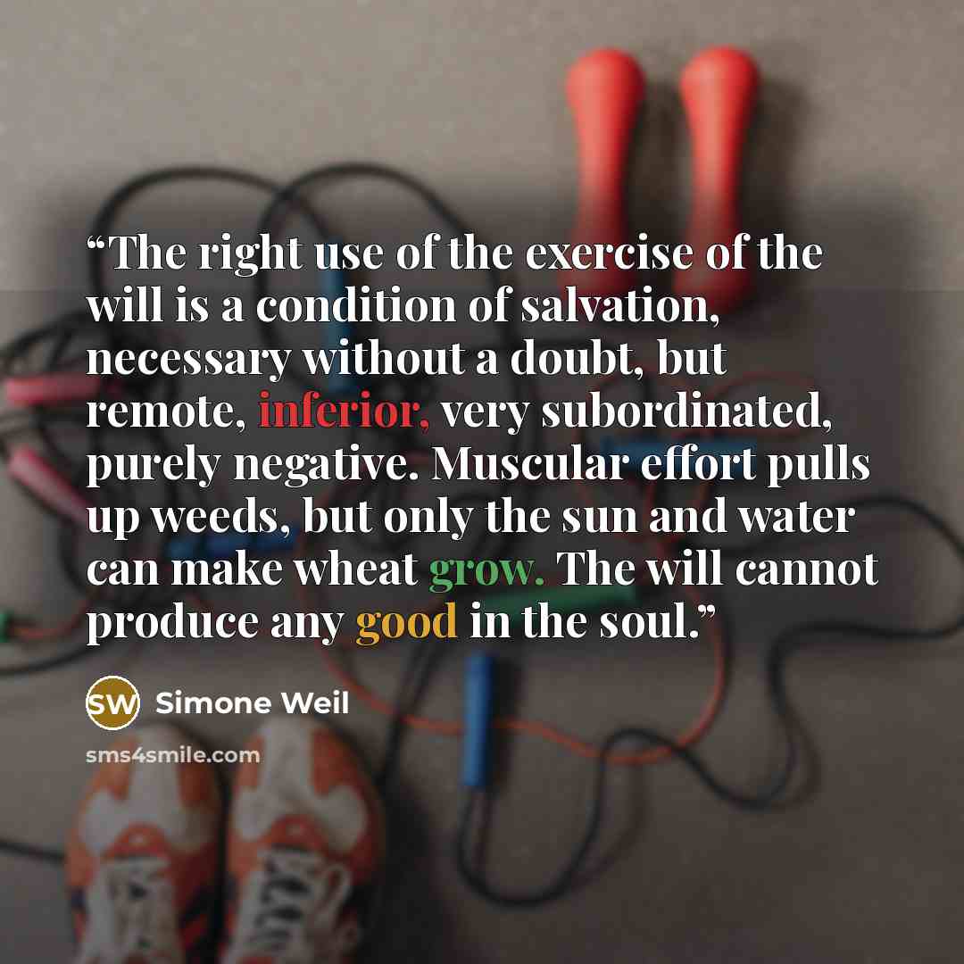 “The right use of the exercise of the will is a condition of salvation, necessary without a doubt, but remote, inferior, very subordinated, purely negative. Muscular effort pulls up weeds, but only the sun and water can make wheat grow. The will cannot produce any good in the soul.” quote by Simone Weil