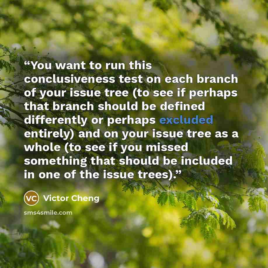 “You want to run this conclusiveness test on each branch of your issue tree (to see if perhaps that branch should be defined differently or perhaps excluded entirely) and on your issue tree as a whole (to see if you missed something that should be included in one of the issue trees).” quote by Victor Cheng