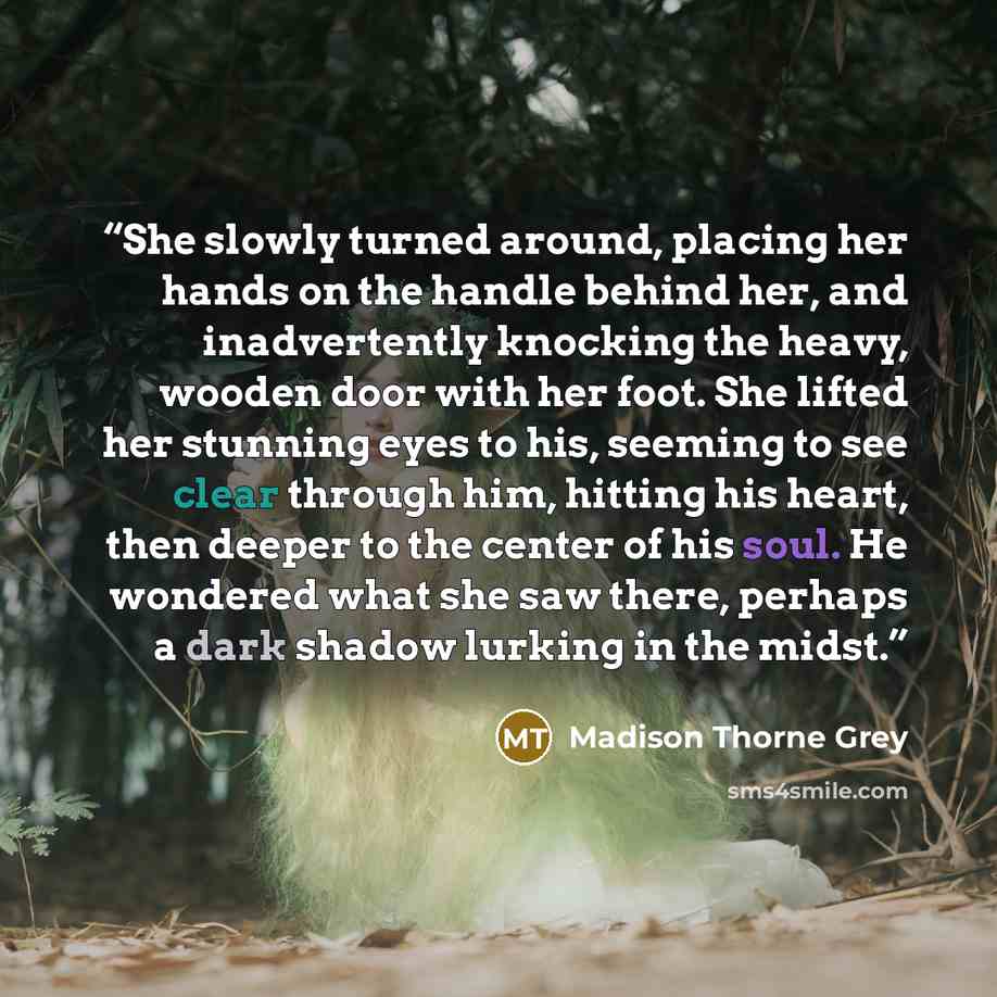 “She slowly turned around, placing her hands on the handle behind her, and inadvertently knocking the heavy, wooden door with her foot. She lifted her stunning eyes to his, seeming to see clear through him, hitting his heart, then deeper to the center of his soul. He wondered what she saw there…” quote by Madison Thorne Grey