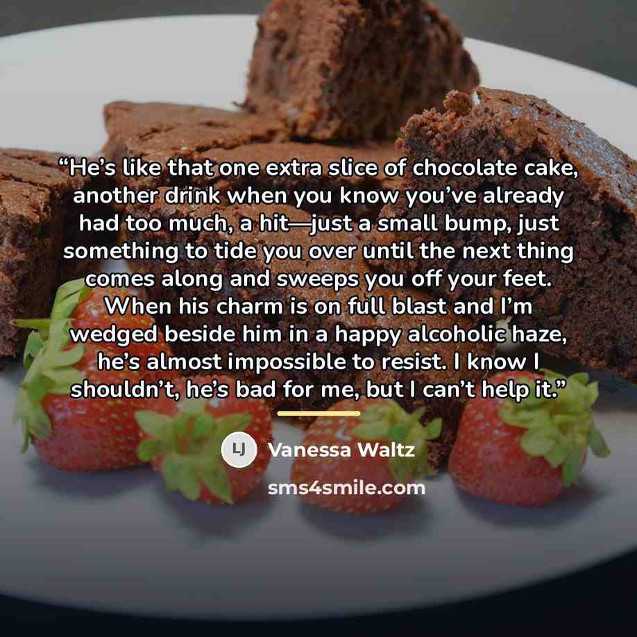 “He’s like that one extra slice of chocolate cake, another drink when you know you’ve already had too much, a hit—just a small bump, just something to tide you over until the next thing comes along and sweeps you off your feet. When his charm is on full blast and I’m wedged beside him in a happy…” quote by Vanessa Waltz