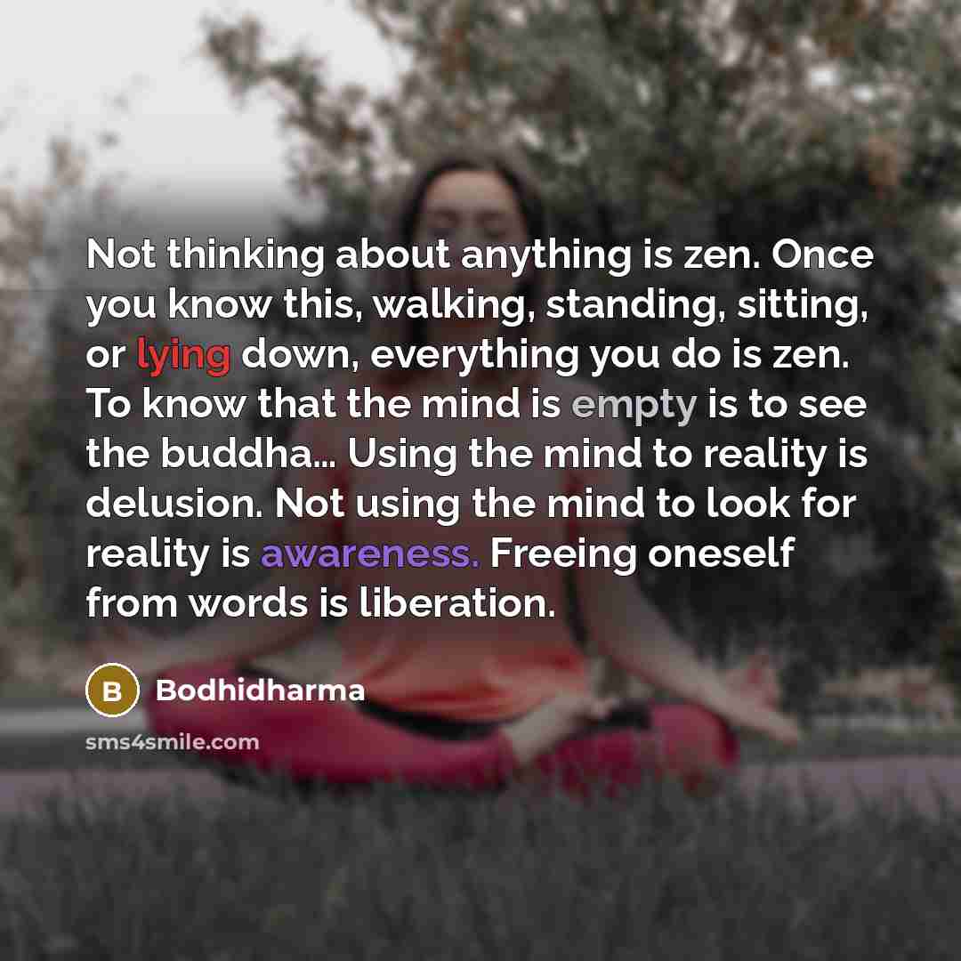 “Not thinking about anything is zen. Once you know this, walking, standing, sitting, or lying down, everything you do is zen. To know that the mind is empty is to see the buddha… Using the mind to reality is delusion. Not using the mind to look for reality is awareness. Freeing oneself from words…” quote by Bodhidharma