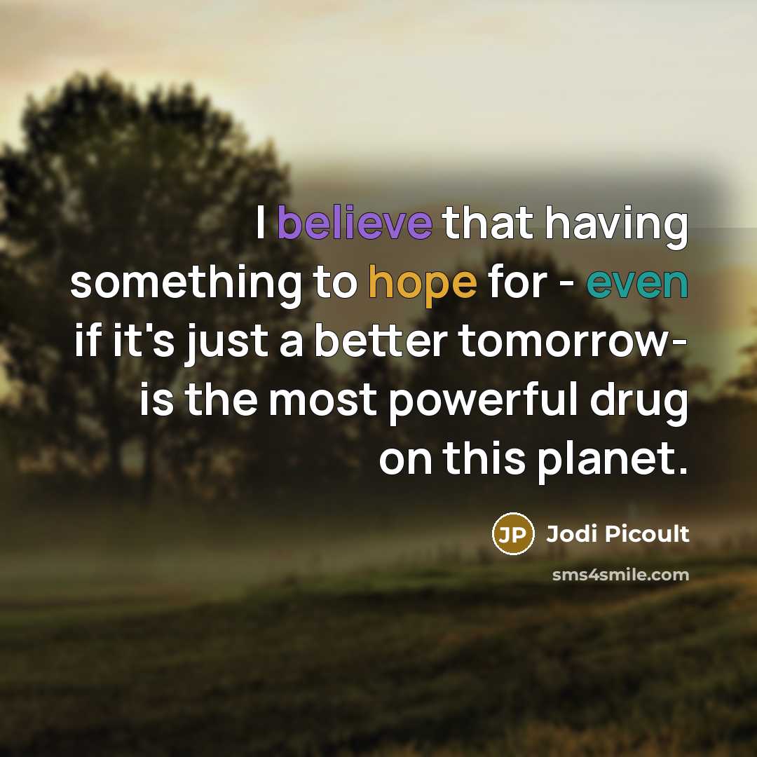 “I believe that having something to hope for - even if it's just a better tomorrow- is the most powerful drug on this planet.” quote by Jodi Picoult