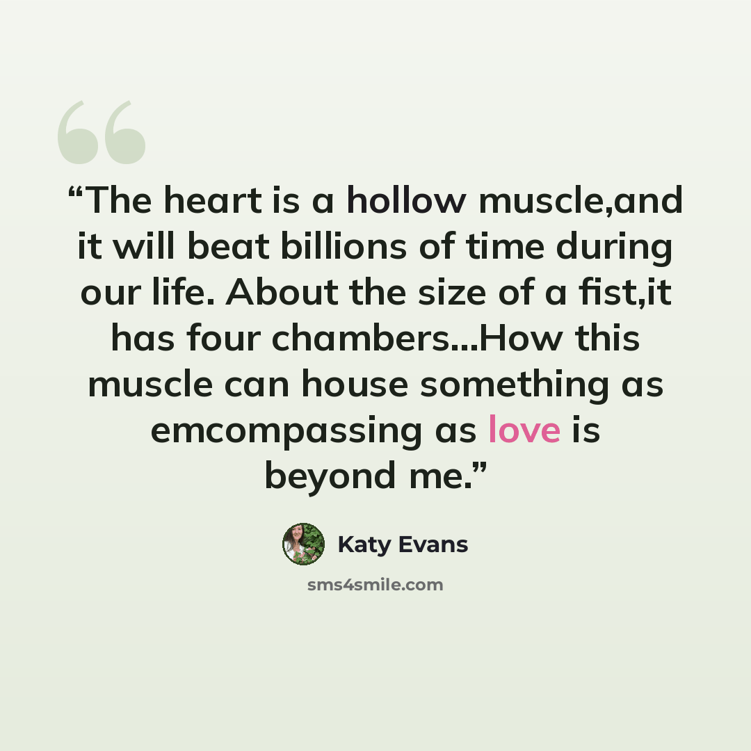 “The heart is a hollow muscle,and it will beat billions of time during our life. About the size of a fist,it has four chambers…How this muscle can house something as emcompassing as love is beyond me.” quote by Katy Evans