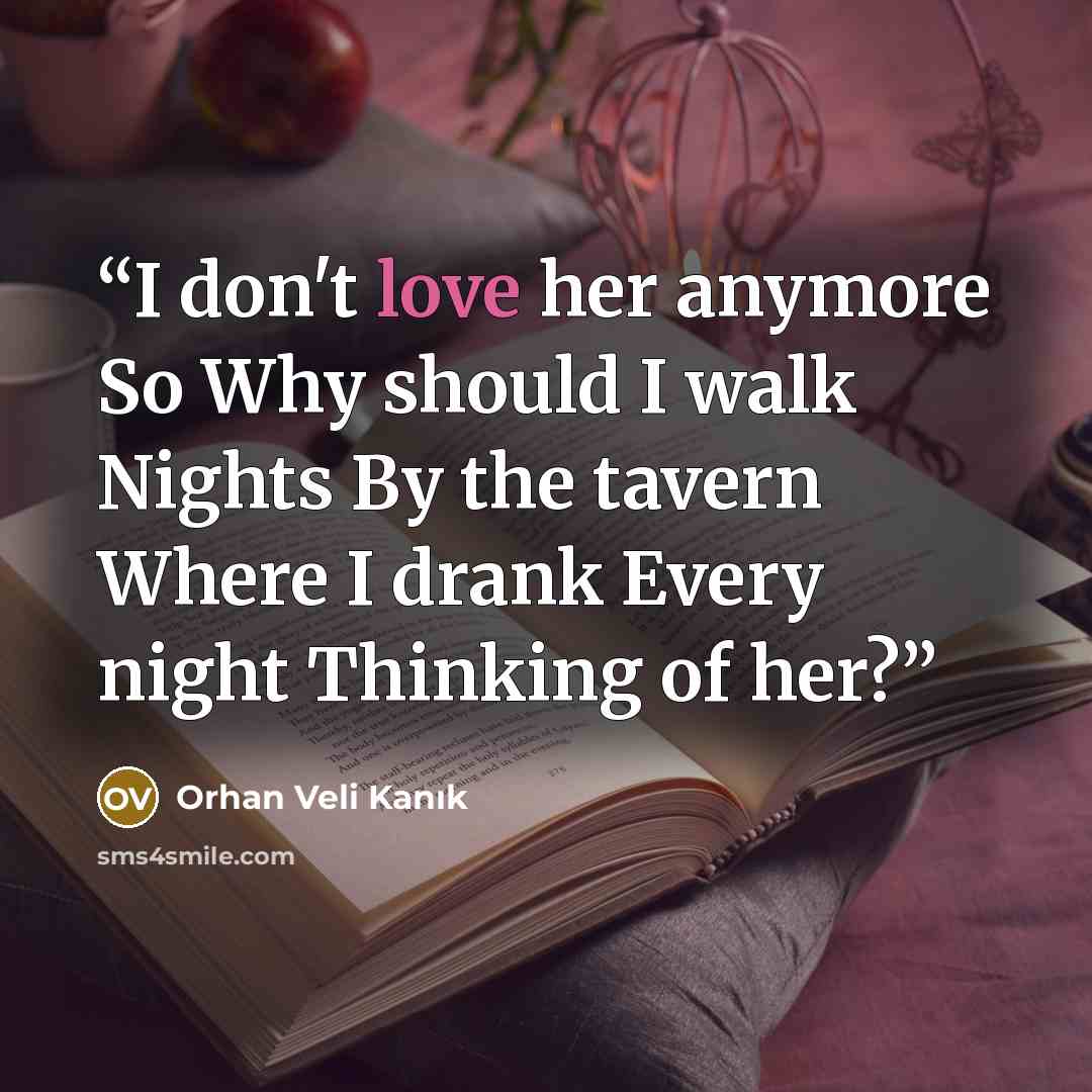 “I don't love her anymore So Why should I walk Nights By the tavern Where I drank Every night Thinking of her?” quote by Orhan Veli Kanık