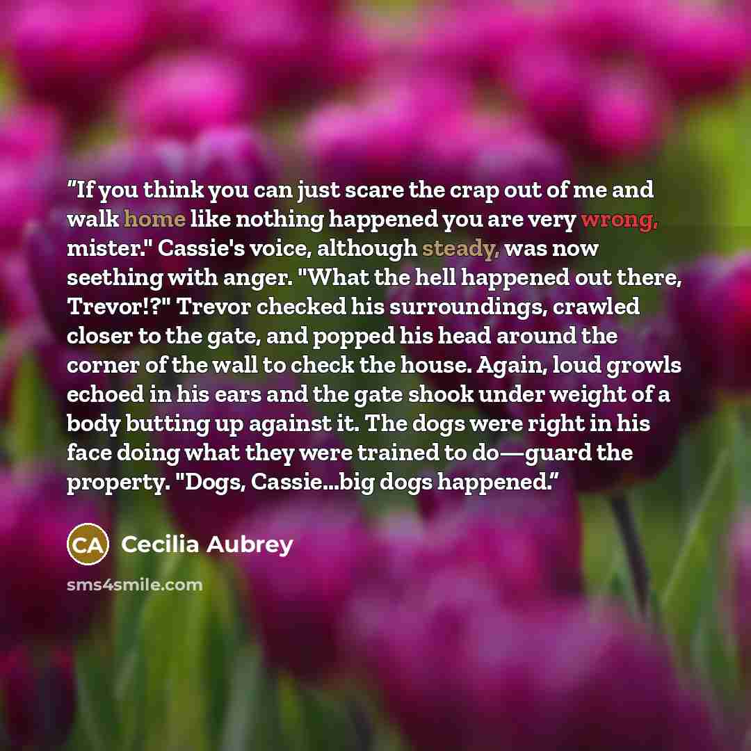 “If you think you can just scare the crap out of me and walk home like nothing happened you are very wrong, mister." Cassie's voice, although steady, was now seething with anger. "What the hell happened out there, Trevor!?" Trevor checked his surroundings, crawled closer to the gate, and popped his…” quote by Cecilia Aubrey