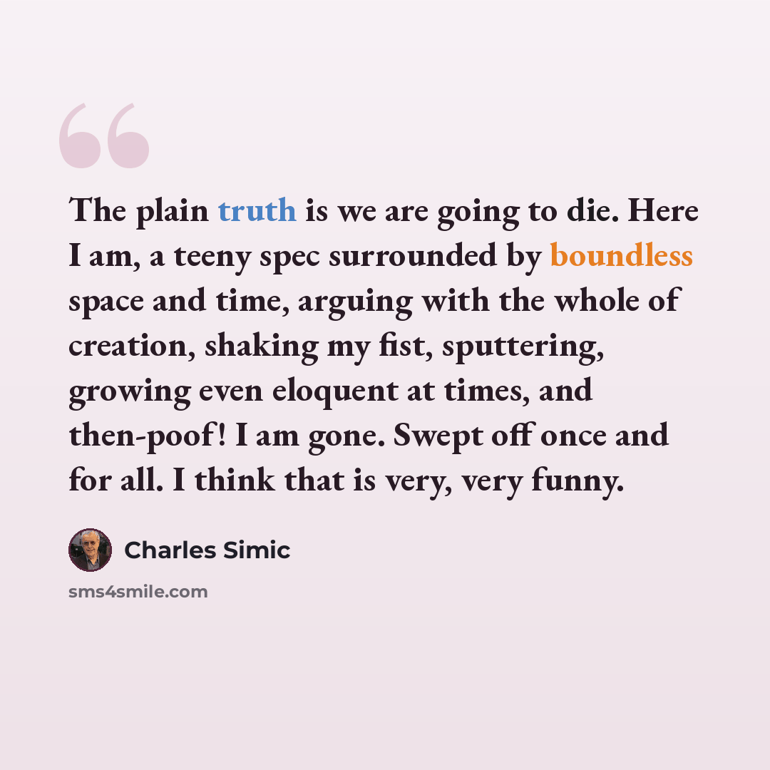 “The plain truth is we are going to die. Here I am, a teeny spec surrounded by boundless space and time, arguing with the whole of creation, shaking my fist, sputtering, growing even eloquent at times, and then-poof! I am gone. Swept off once and for all. I think that is very, very funny.” quote by Charles Simic