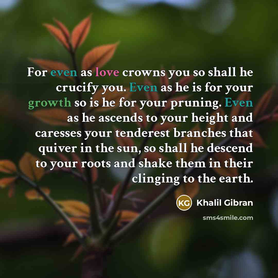 “For even as love crowns you so shall he crucify you. Even as he is for your growth so is he for your pruning. Even as he ascends to your height and caresses your tenderest branches that quiver in the sun, so shall he descend to your roots and shake them in their clinging to the earth.” quote by Khalil Gibran