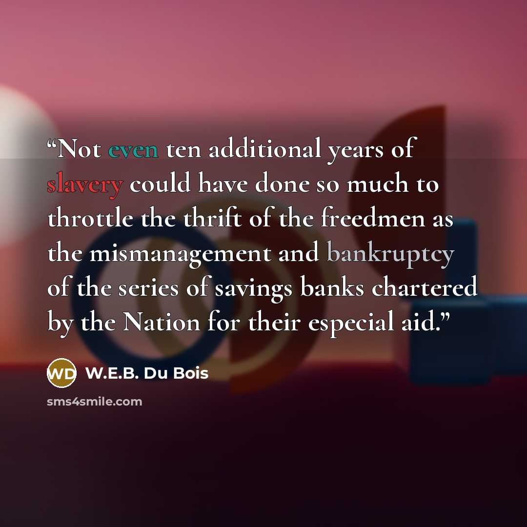 “Not even ten additional years of slavery could have done so much to throttle the thrift of the freedmen as the mismanagement and bankruptcy of the series of savings banks chartered by the Nation for their especial aid.” quote by W.E.B. Du Bois