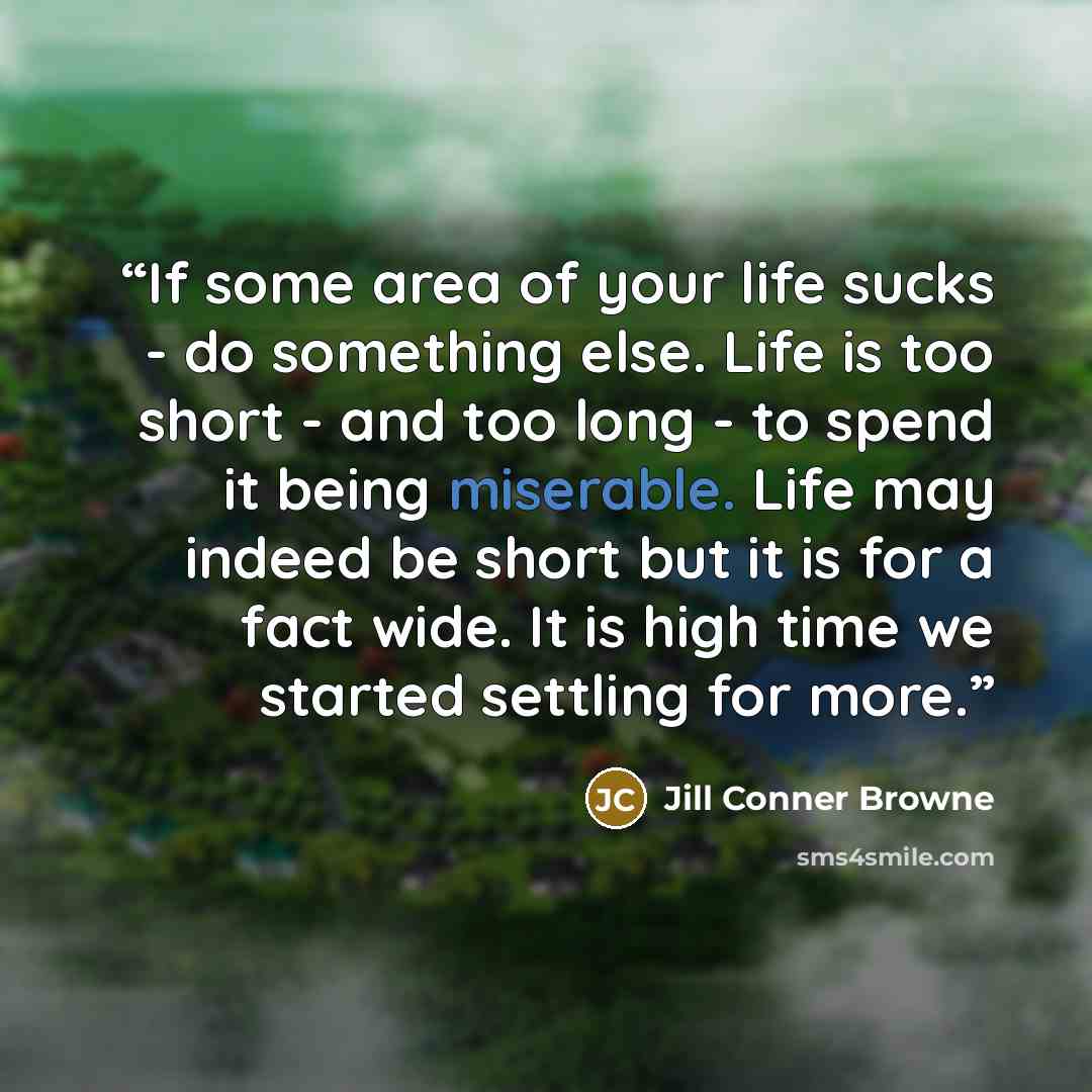 “If some area of your life sucks - do something else. Life is too short - and too long - to spend it being miserable. Life may indeed be short but it is for a fact wide. It is high time we started settling for more.” quote by Jill Conner Browne