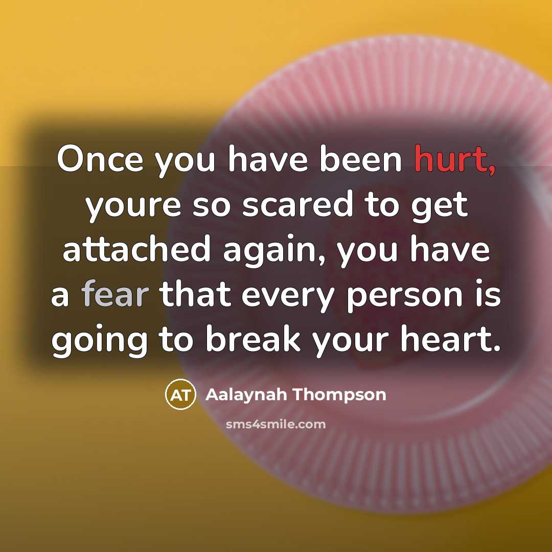 “Once you have been hurt, youre so scared to get attached again, you have a fear that every person is going to break your heart.” quote by Aalaynah Thompson