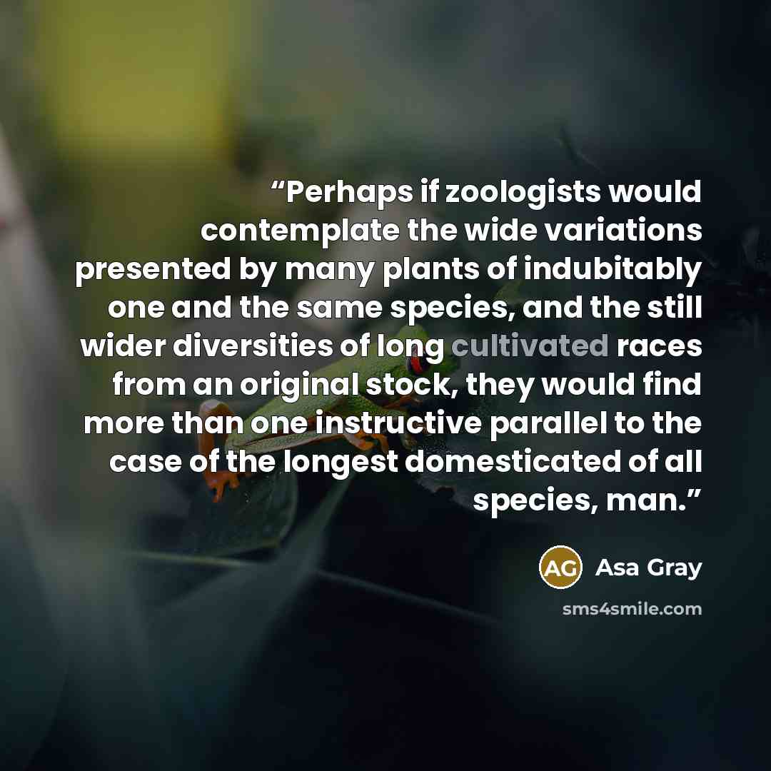“Perhaps if zoologists would contemplate the wide variations presented by many plants of indubitably one and the same species, and the still wider diversities of long cultivated races from an original stock, they would find more than one instructive parallel to the case of the longest domesticated…” quote by Asa Gray