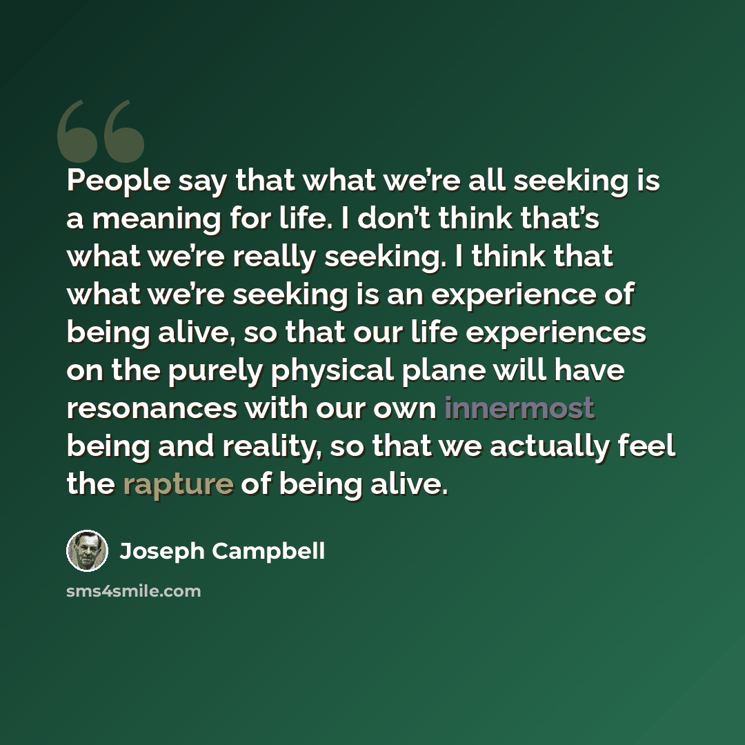 “People say that what we’re all seeking is a meaning for life. I don’t think that’s what we’re really seeking. I think that what we’re seeking is an experience of being alive, so that our life experiences on the purely physical plane will have resonances with our own innermost being and reality, so…” quote by Joseph Campbell
