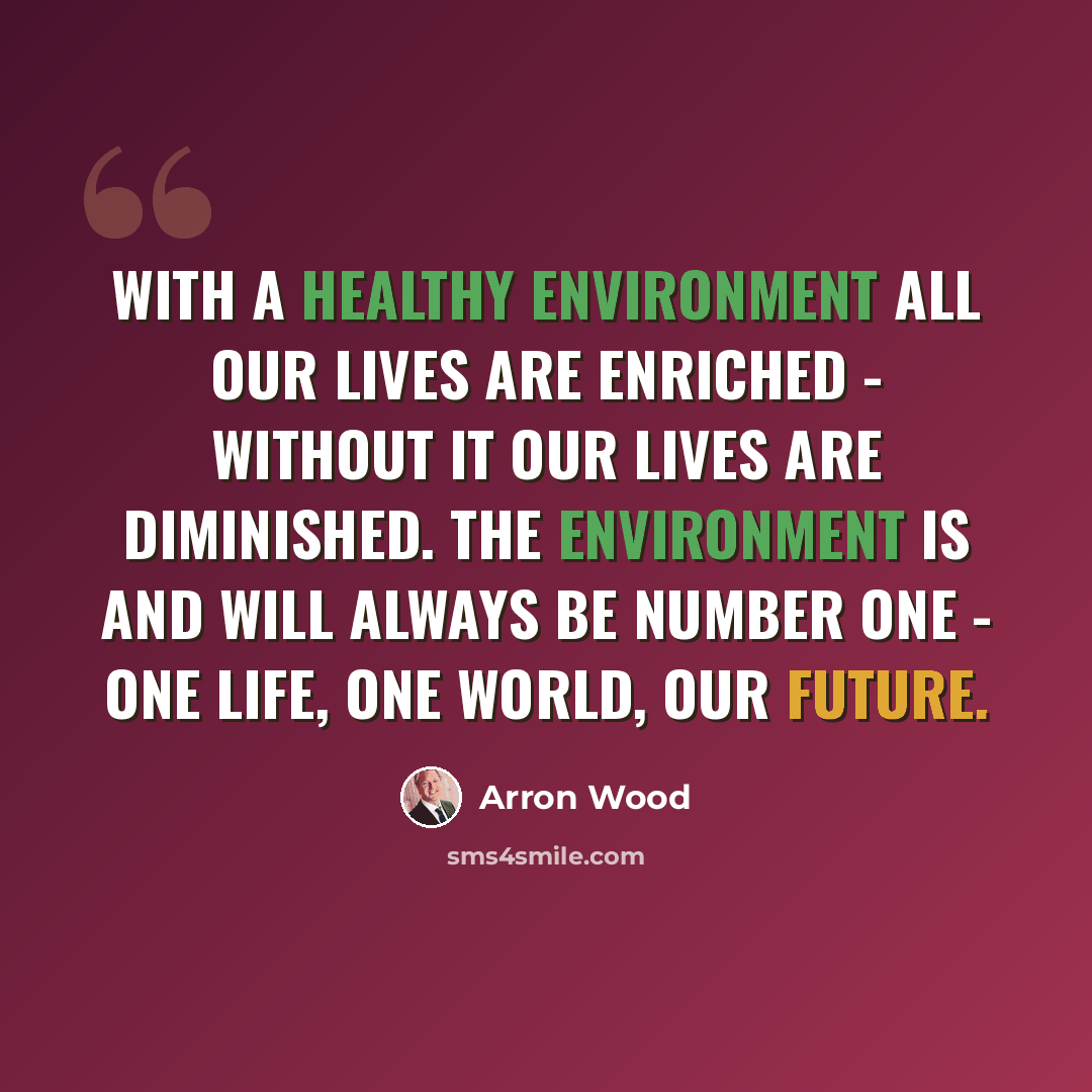 “With a healthy environment all our lives are enriched - without it our lives are diminished. The environment is and will always be number one - One Life, One World, Our Future.” quote by Arron Wood