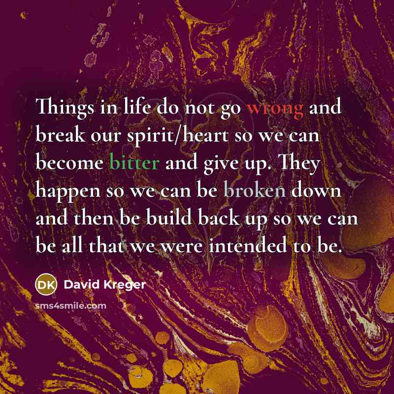 “Things in life do not go wrong and break our spirit/heart so we can become bitter and give up. They happen so we can be broken down and then be build back up so we can be all that we were intended to be.” quote by David Kreger