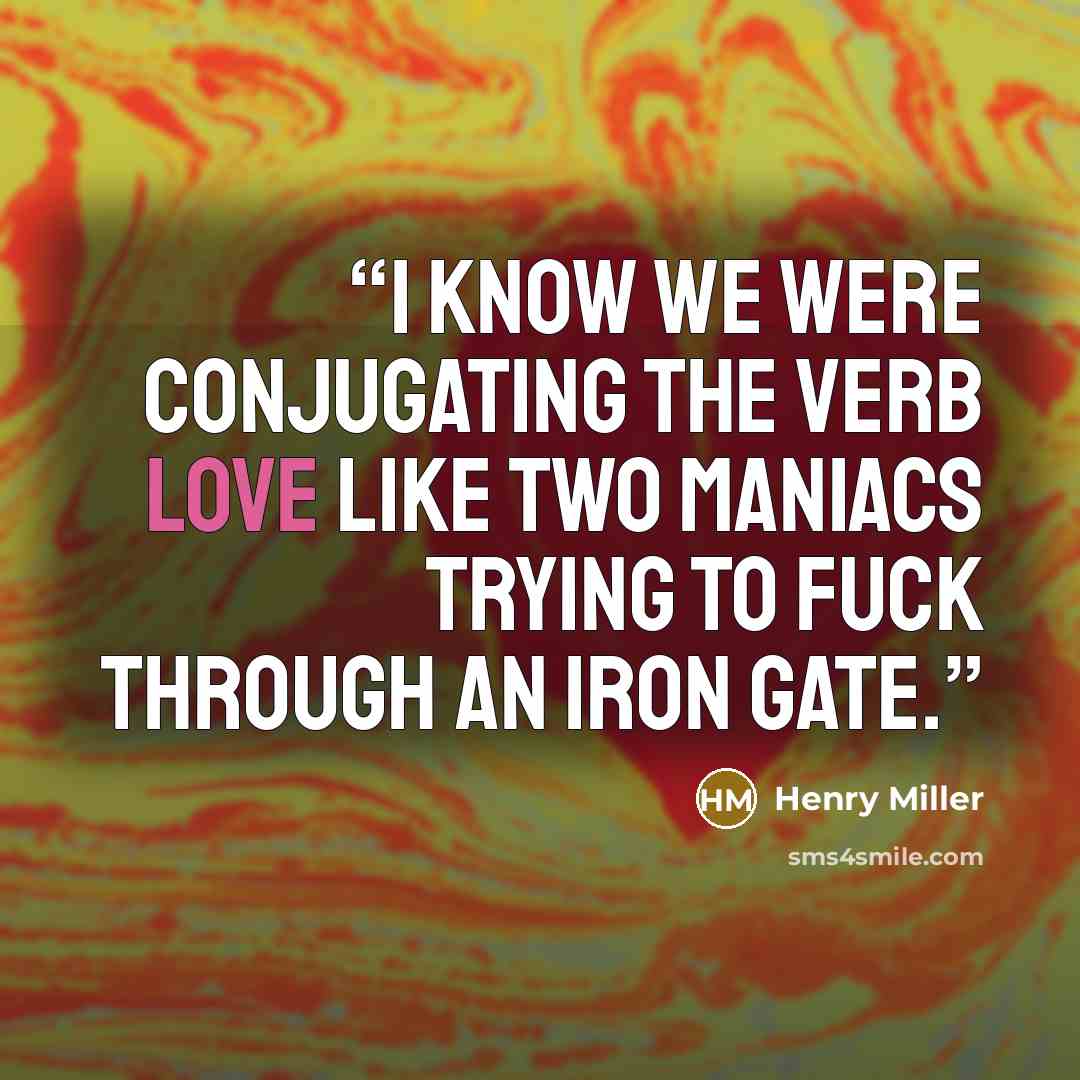 “I know we were conjugating the verb love like two maniacs trying to fuck through an iron gate.” quote by Henry Miller