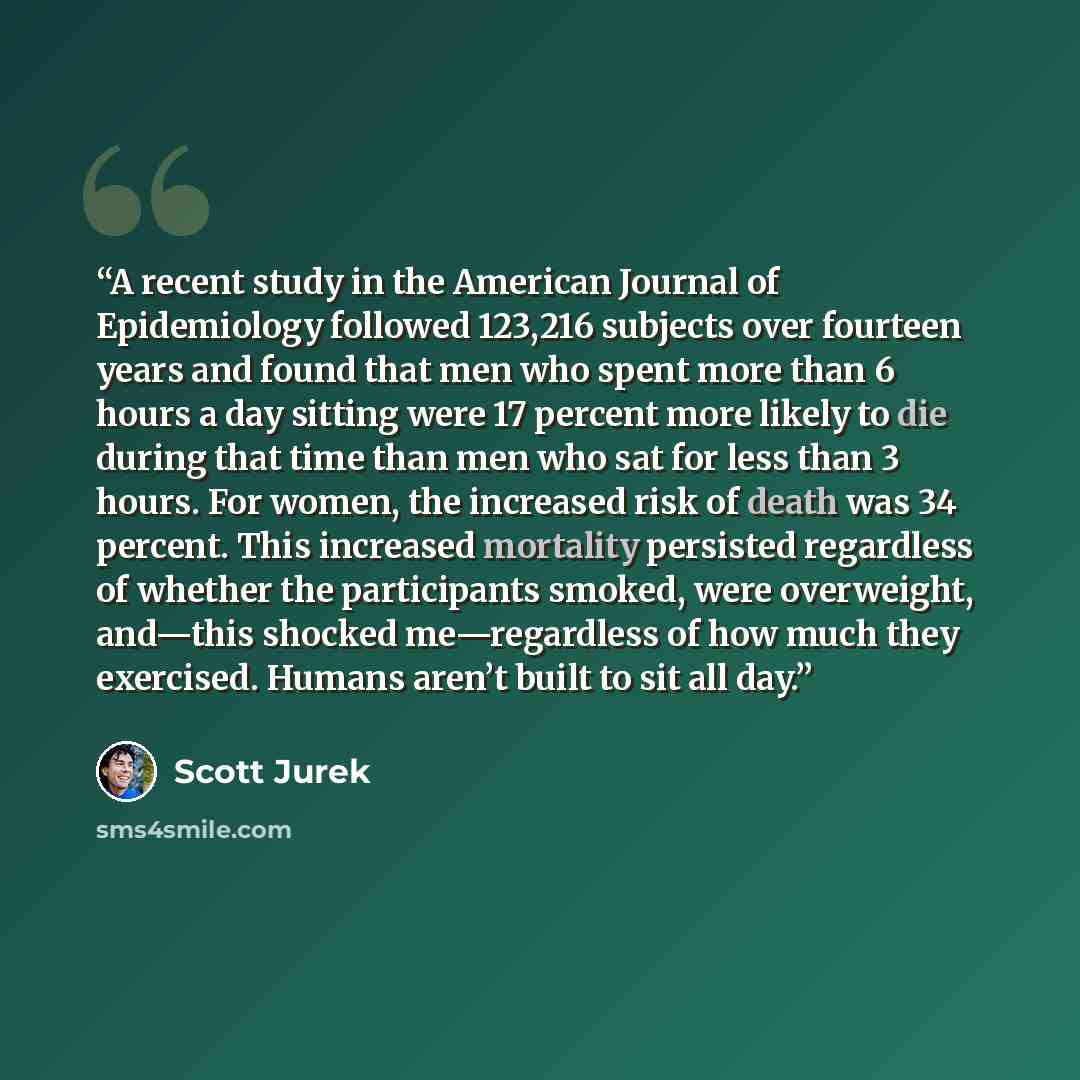 “A recent study in the American Journal of Epidemiology followed 123,216 subjects over fourteen years and found that men who spent more than 6 hours a day sitting were 17 percent more likely to die during that time than men who sat for less than 3 hours. For women, the increased risk of death was…” quote by Scott Jurek