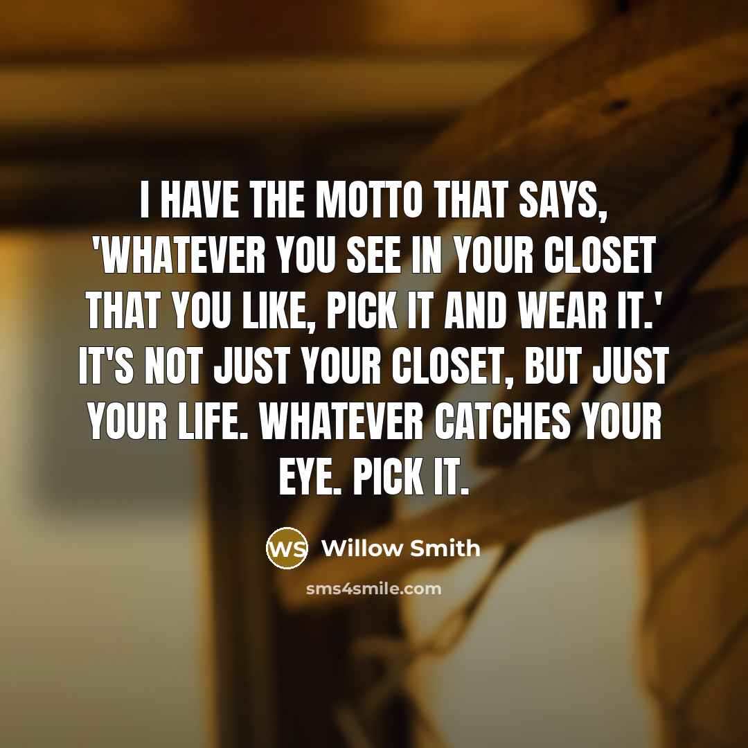 “I have the motto that says, 'Whatever you see in your closet that you like, pick it and wear it.' It's not just your closet, but just your life. Whatever catches your eye. Pick it.” quote by Willow Smith