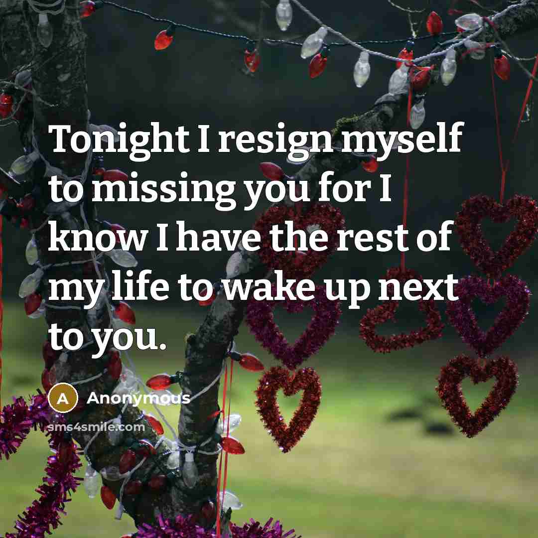 “Tonight I resign myself to missing you for I know I have the rest of my life to wake up next to you.” quote by Anonymous