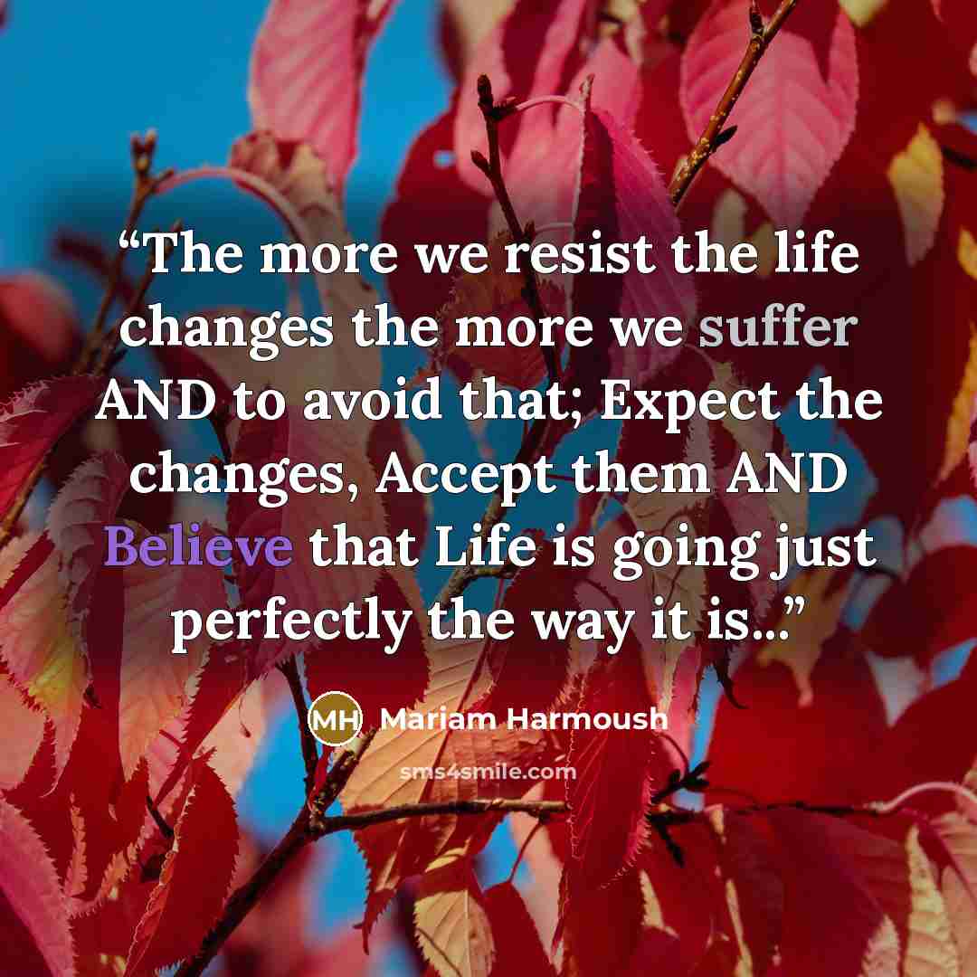 “The more we resist the life changes the more we suffer AND to avoid that; Expect the changes, Accept them AND Believe that Life is going just perfectly the way it is...” quote by Mariam Harmoush