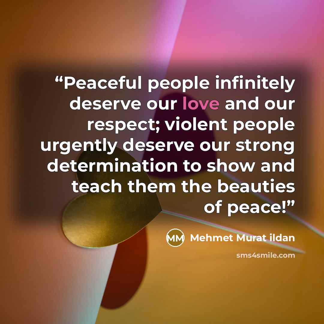 “Peaceful people infinitely deserve our love and our respect; violent people urgently deserve our strong determination to show and teach them the beauties of peace!” quote by Mehmet Murat ildan
