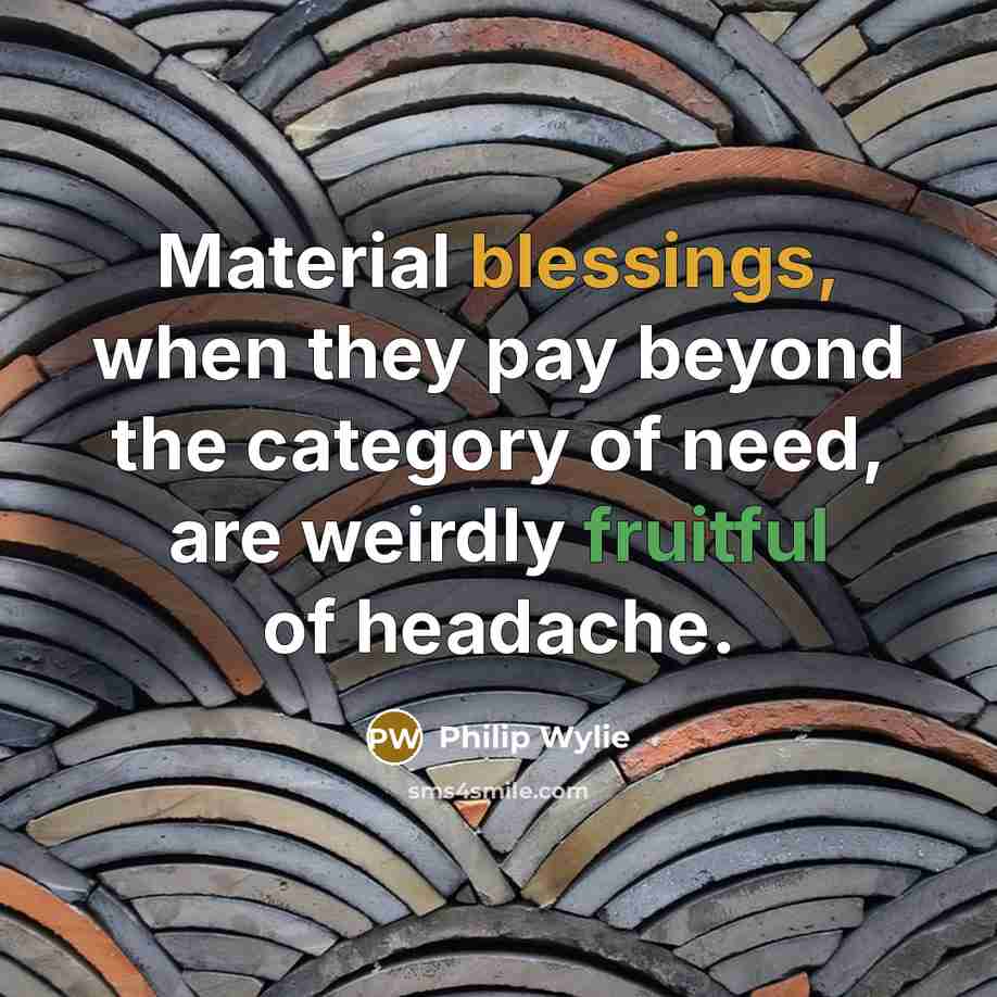 “Material blessings, when they pay beyond the category of need, are weirdly fruitful of headache.” quote by Philip Wylie