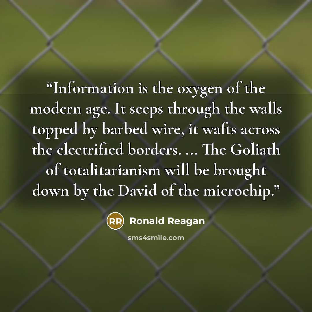 “Information is the oxygen of the modern age. It seeps through the walls topped by barbed wire, it wafts across the electrified borders. ... The Goliath of totalitarianism will be brought down by the David of the microchip.” quote by Ronald Reagan