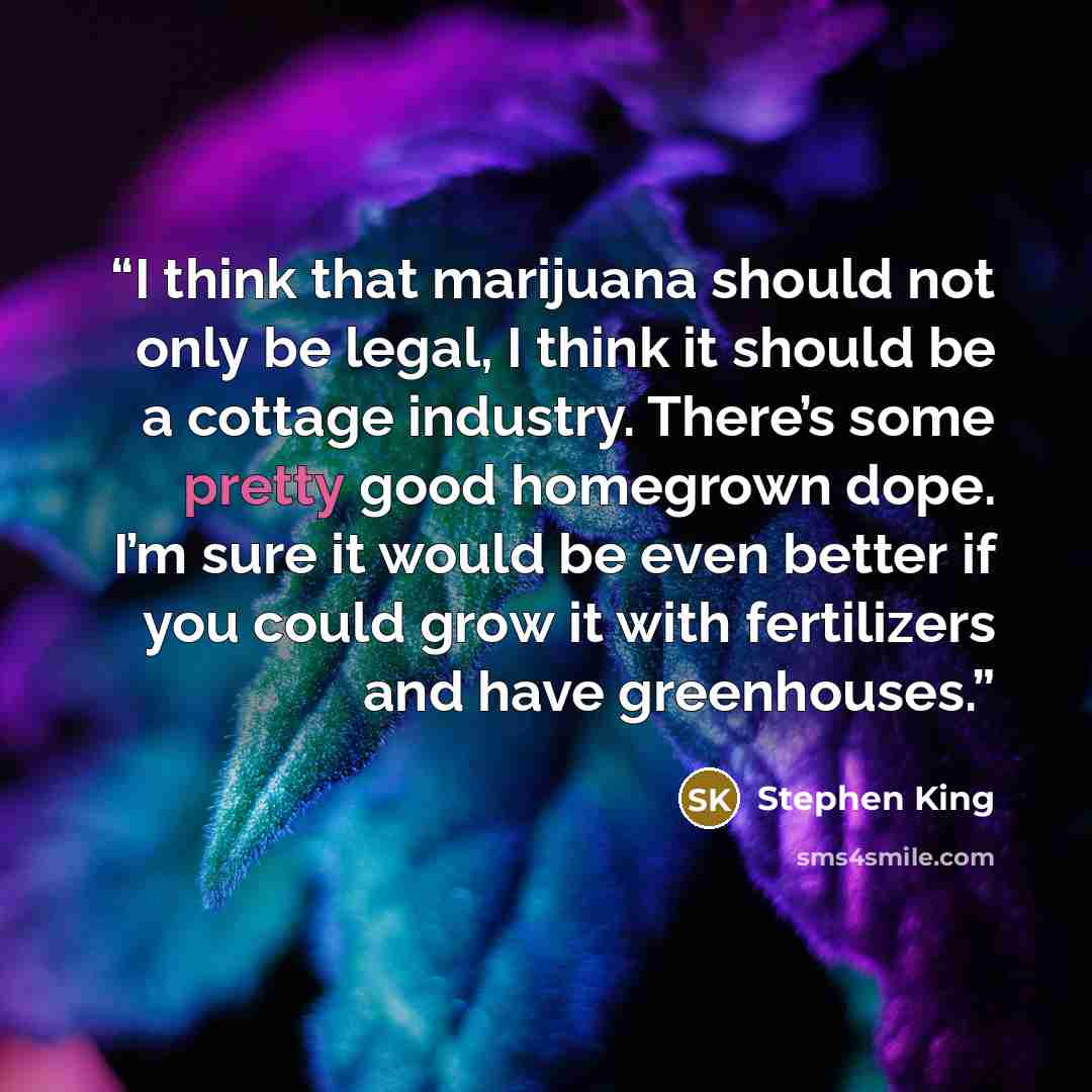 “I think that marijuana should not only be legal, I think it should be a cottage industry. There’s some pretty good homegrown dope. I’m sure it would be even better if you could grow it with fertilizers and have greenhouses.” quote by Stephen King