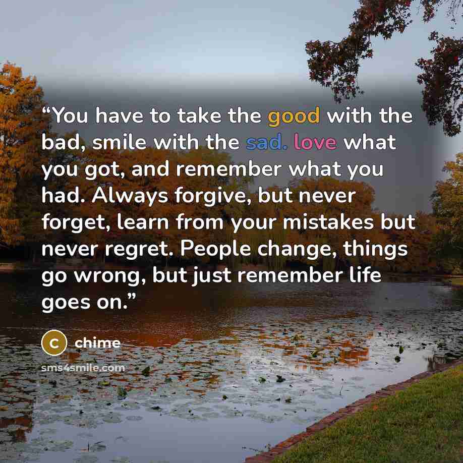 “You have to take the good with the bad, smile with the sad. love what you got, and remember what you had. Always forgive, but never forget, learn from your mistakes but never regret. People change, things go wrong, but just remember life goes on.” quote by chime