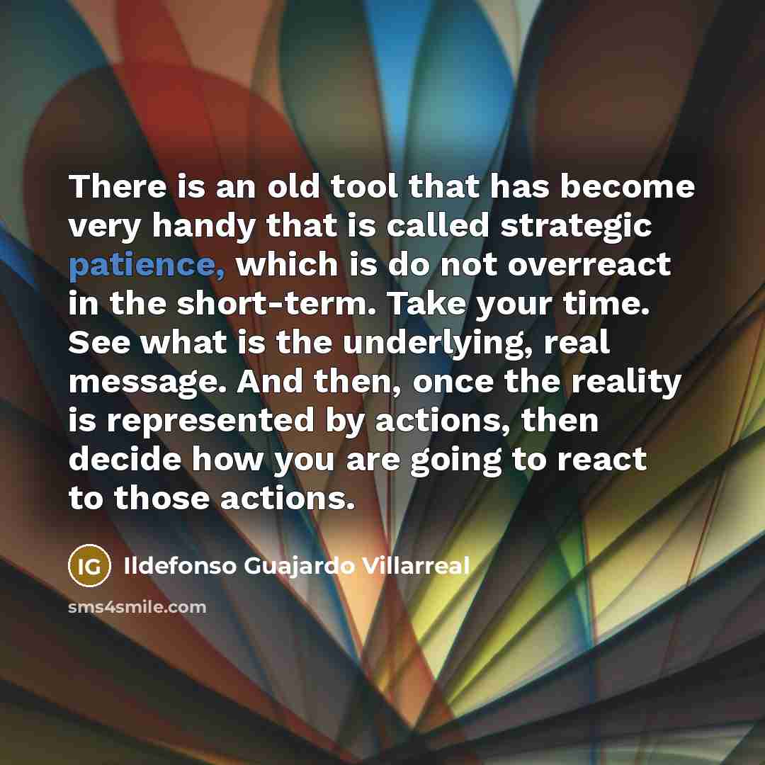 “There is an old tool that has become very handy that is called strategic patience, which is do not overreact in the short-term. Take your time. See what is the underlying, real message. And then, once the reality is represented by actions, then decide how you are going to react to those actions.” quote by Ildefonso Guajardo Villarreal