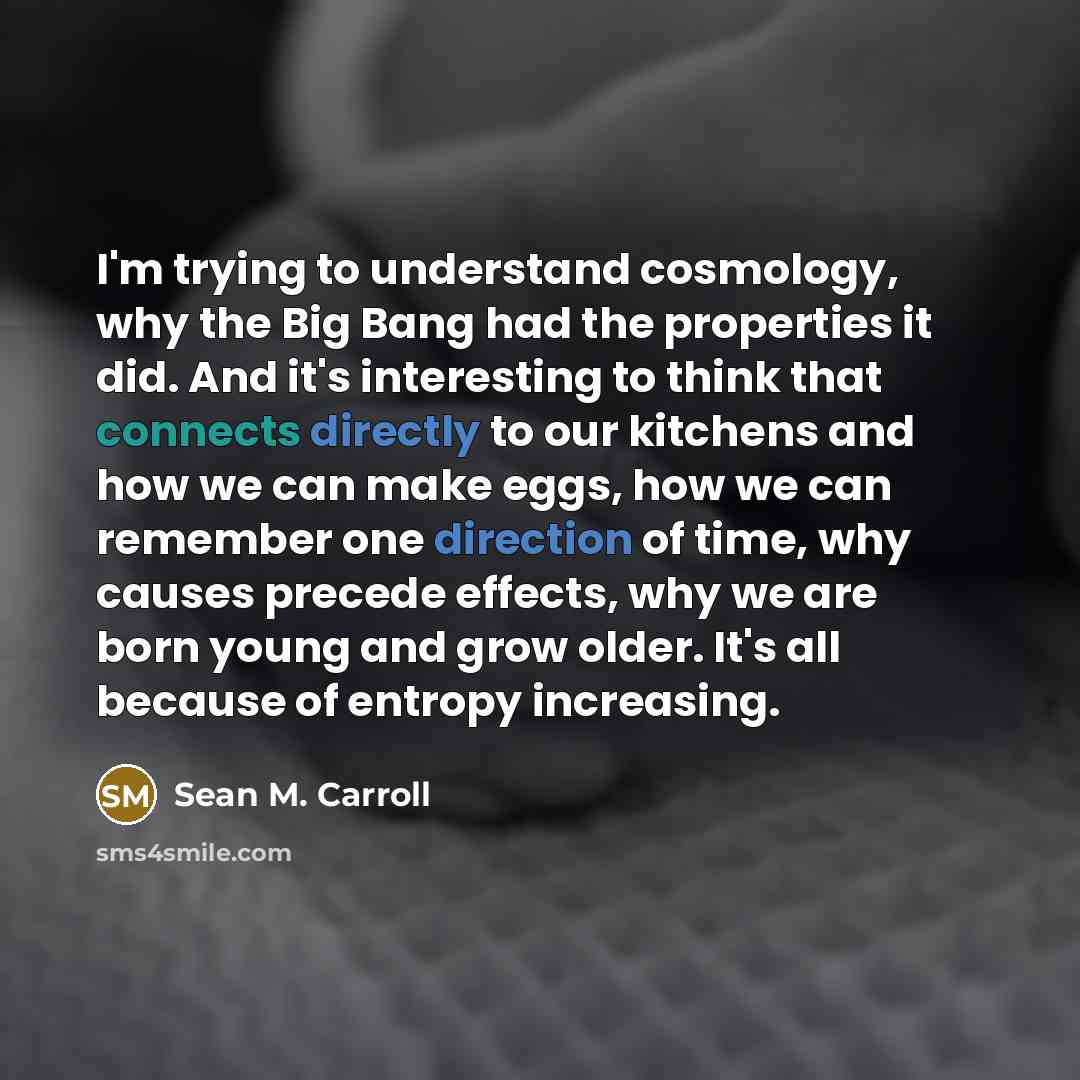 “I'm trying to understand cosmology, why the Big Bang had the properties it did. And it's interesting to think that connects directly to our kitchens and how we can make eggs, how we can remember one direction of time, why causes precede effects, why we are born young and grow older. It's all…” quote by Sean M. Carroll